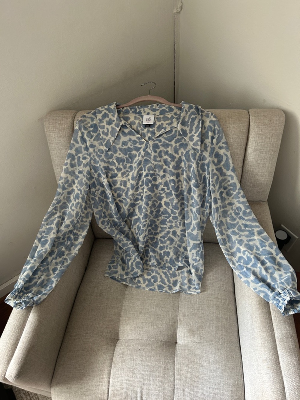 CAbi Pale Blue and Cream Leopard Print Long Sleeve Blouse